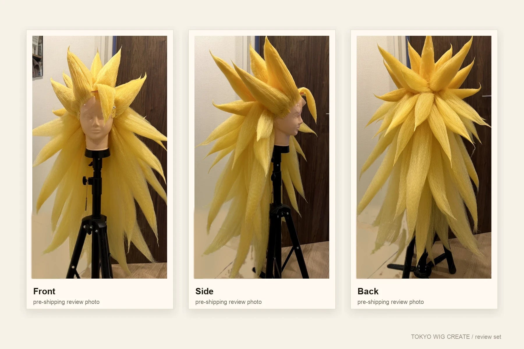 Front, side, and back finished wig views prepared for customer review