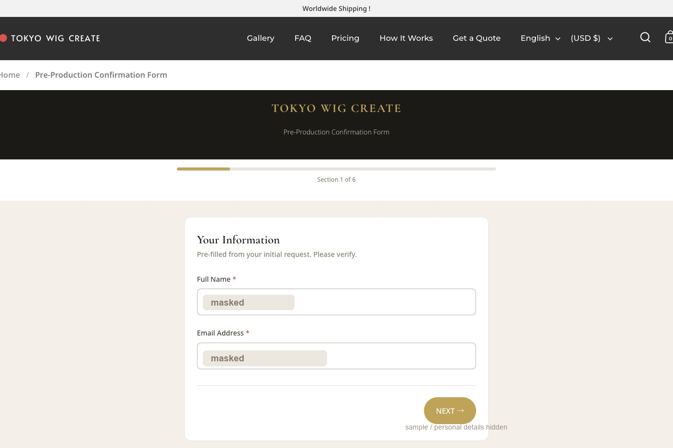 First section of the Pre-Production Confirmation Form, personal details masked
