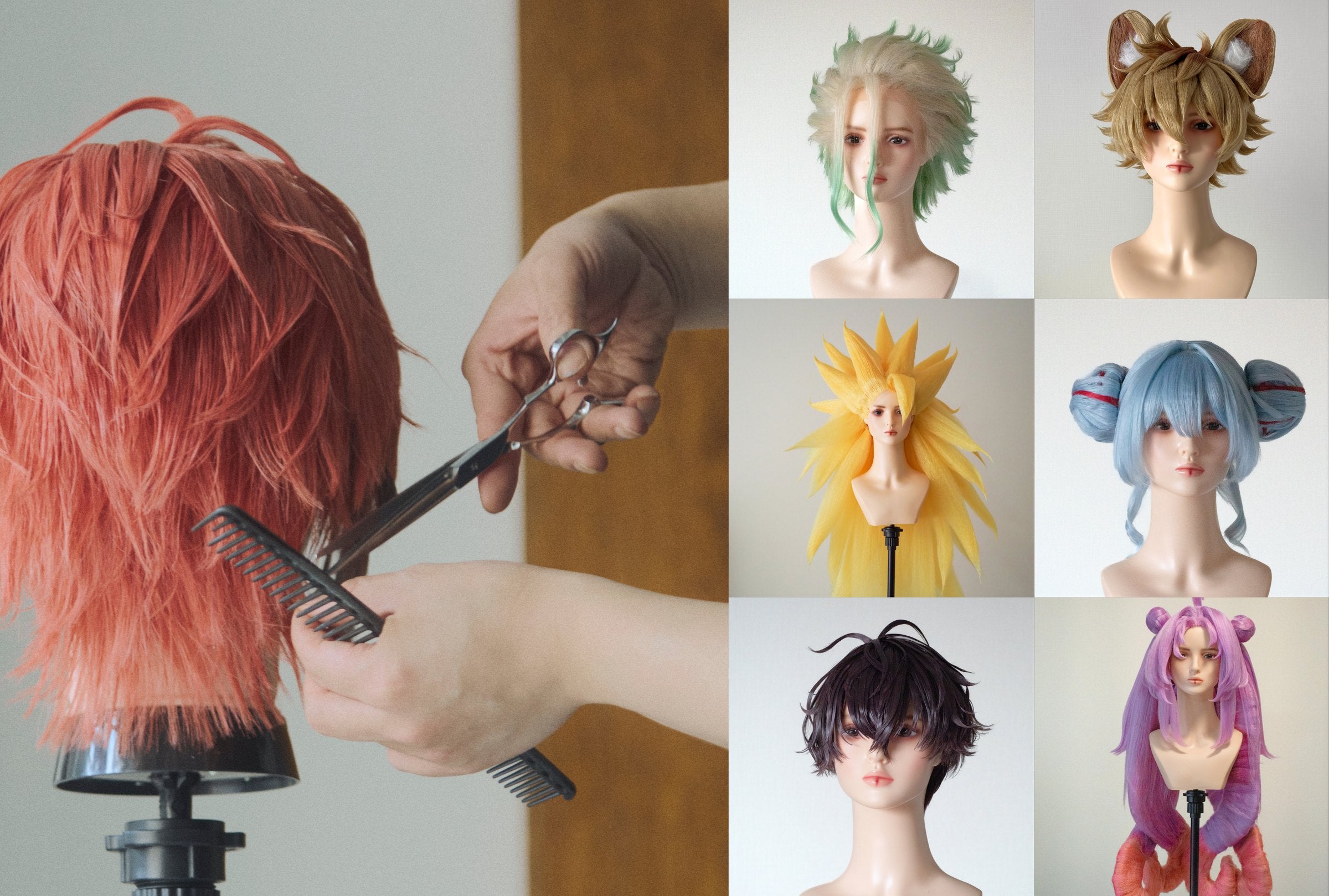 Hands trimming a coral wig on a stand