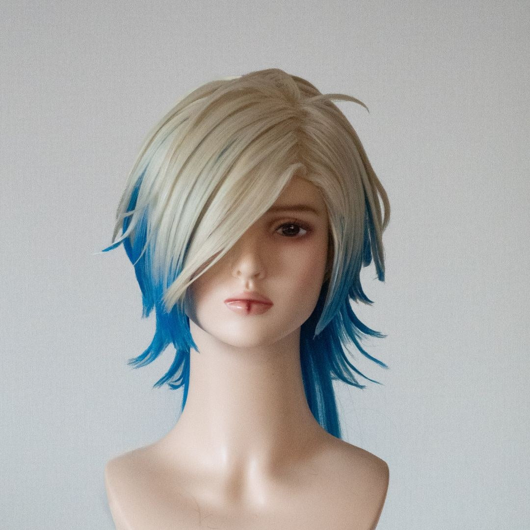 Short wig blending pale blonde into blue with natural layering