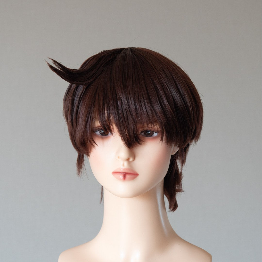 Short dark brown wig styled to read as real hair