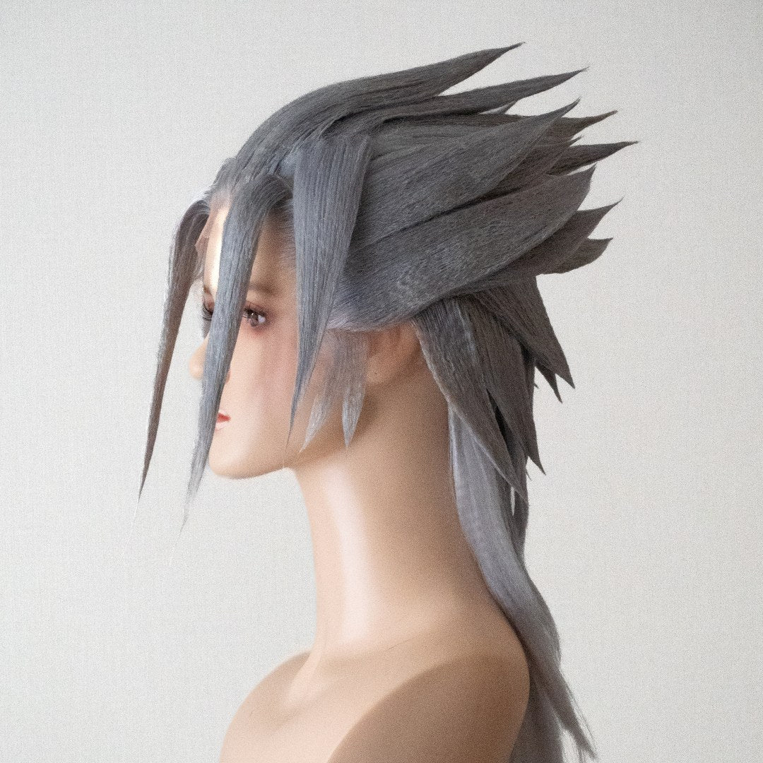 Long silver wig set into sharp sculpted spikes