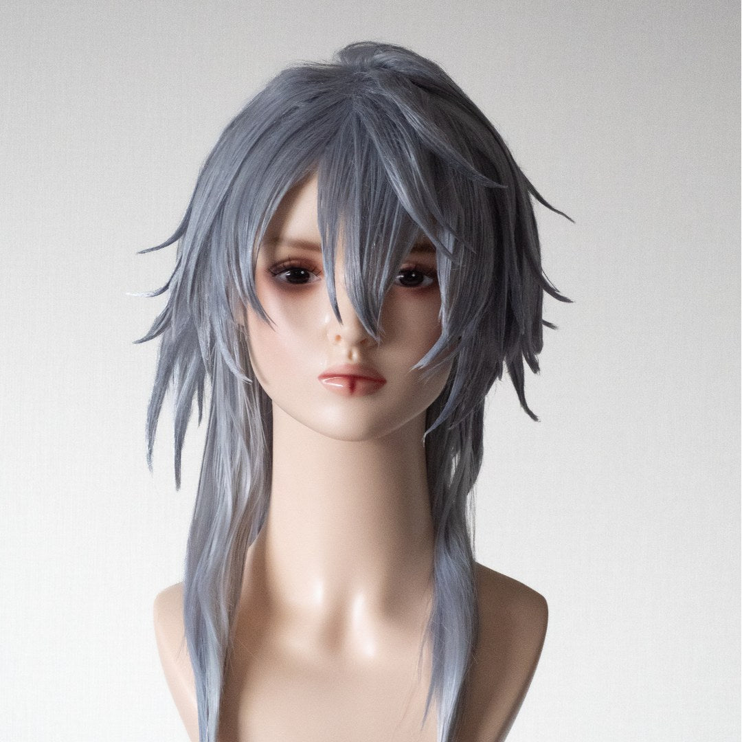 Long grey wig with layered movement around the face