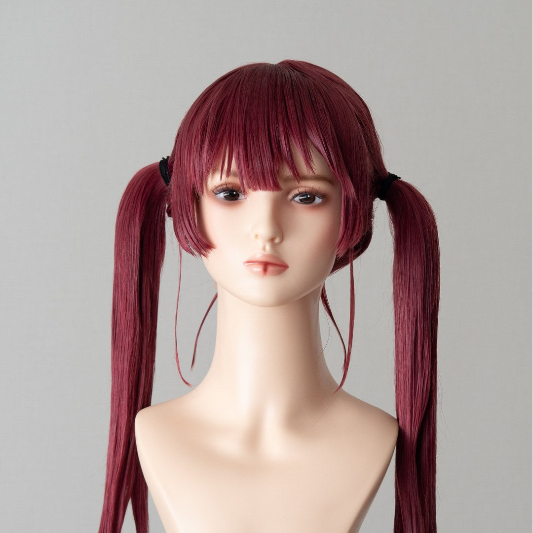 Long deep red wig in symmetrical twin sections
