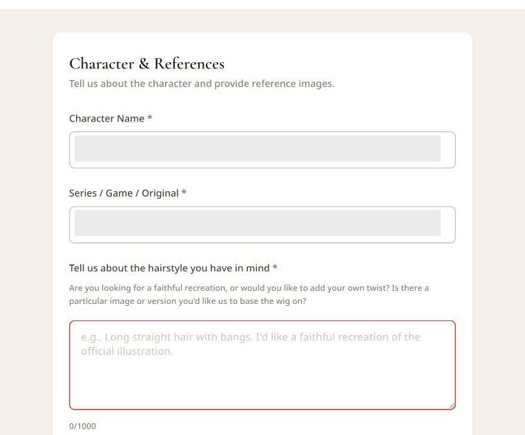 Actual Pre-Production Confirmation Form excerpt showing detailed character and hairstyle questions