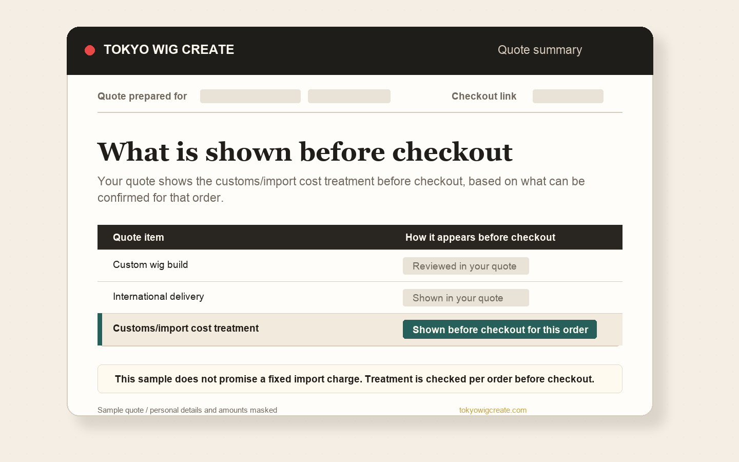 Masked quote example showing order-specific customs and import cost treatment before checkout